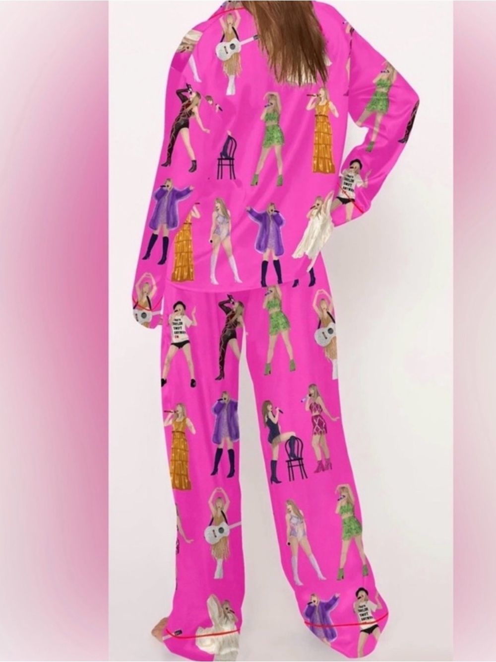 SHESHOW Fuchsia Satin Pajama Set with Taylor Swift Print